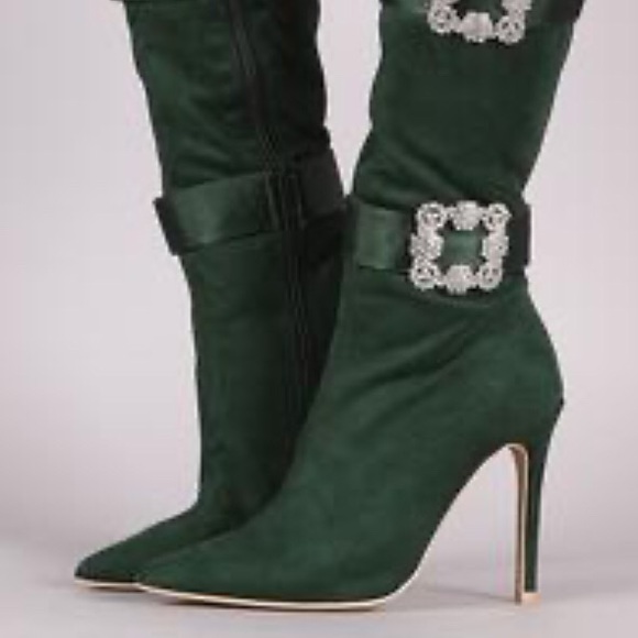 Crystal Buckle Over The Knee Hunter Green Boots